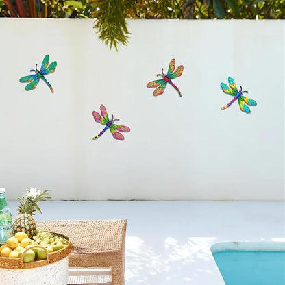 dreamskip 4 PCs Metal Dragonfly Wall Decor Art, Dragonflies Outdoor Wall Art with Colorful Leaves, Hand Painted Outdoor Decor For Garden Yard Fence Patio Outside Decoration