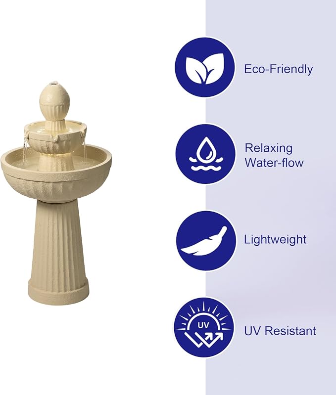37.80” H Outdoor Water Fountain Made with Eco-Friendly Recyclable Materials, Polyethylene Cascading Waterfall Water Fountain Outdoor, Garden Decor with LED Light for Patio, Backyard (White)