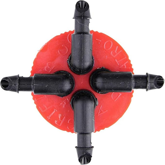 Raindrip QB10UB, Cuatro-Flo® Four-Outlet Bubbler, Drip Irrigation Emitters for Drip Irrigation Gardening Systems, 10 GPH Per Outlet, 1/2-Inch FPT Inlet, Black/Red