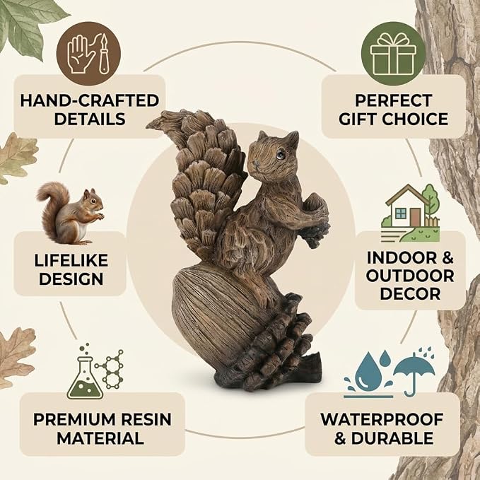 iStatue Handmade Resin Squirrel on Acorn Statue Miniature Garden Figurines – 6.5 Inch Nature-Inspired Woodland Animal Decor for Home, Garden, Patio or Shelf – Rustic Farmhouse Accent (Medium)