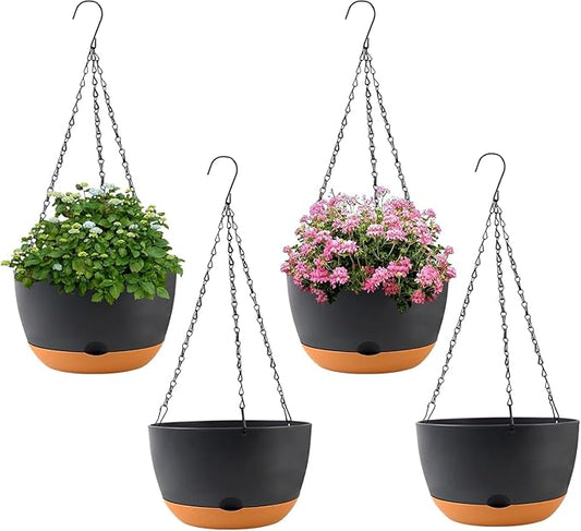 KPUVX 4 Pack Plastic Hanging pots for Plants Indoor,8 Inch Plant Pot Indoor Outdoor Hanging Baskets,Hanging Flower Pots with Drainage Holes and Chain for Garden Porch Plants(Black)