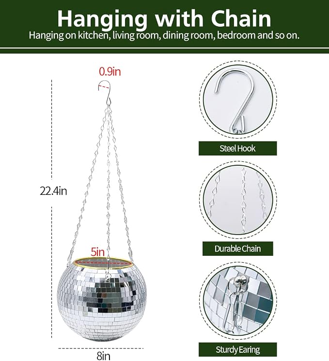 8" Silver Disco Ball Planter with Hanging Rope, Hanging Chain, Hook, Circle | for Decoration