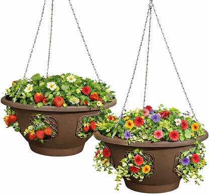 Hanging Planter Basket 10 Pack Bulk, Easy Fill Strawberry Planter, Outdoor Hanging Basket with Side Planting Panels, Durable UV Resistant Planters, Made in USA (10, Mocha)