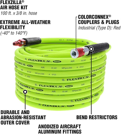 Flexzilla Air Hose with ColorConnex Industrial Type D Coupler and Plug, 3/8 in. x 100 ft., Heavy Duty, Lightweight, Hybrid, ZillaGreen - HFZ38100YW2-D