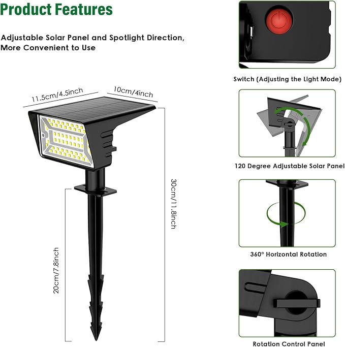 Solar Spot Lights Outdoor with 60 LED & Auto On/Off, 4 Pack Solar Lights Outdoor Waterproof IP68 with 3 Lighting Modes, 2-in-1 Solars Landscape Light for Outside, Garden, Yard(Cool White)