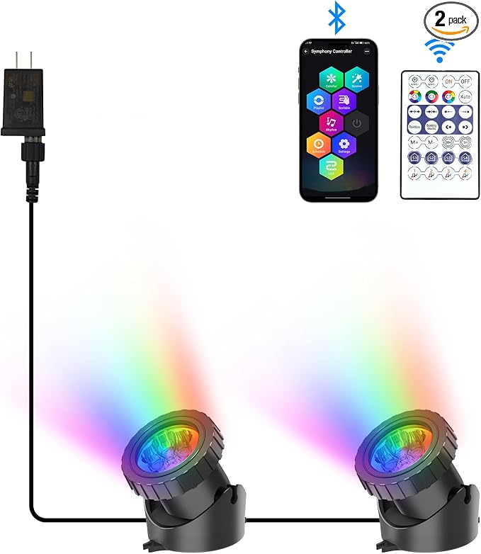 RGB Underwater Pond Lights, Super Bright LED Submersible Fountain Lights Colored Landscape Spotlights, Bluetooth APP Control IP68 Waterproof for Fish Aquarium Tank Garden Yard Pool (Set of 2)