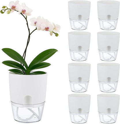 Planterhoma 8 Pack Self Watering Pots for Indoor Plants, 6 Inch Plant Pot Plastic Self Watering Planter for Orchid, African Violet, Small Clear Flower Pots with Drainage Holes and Wicking Rope, White