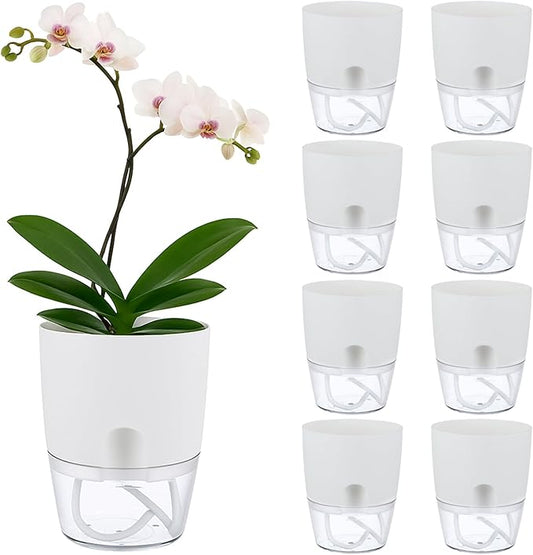Planterhoma 8 Pack Self Watering Pots for Indoor Plants, 6 Inch Plant Pot Plastic Self Watering Planter for Orchid, African Violet, Small Clear Flower Pots with Drainage Holes and Wicking Rope, White