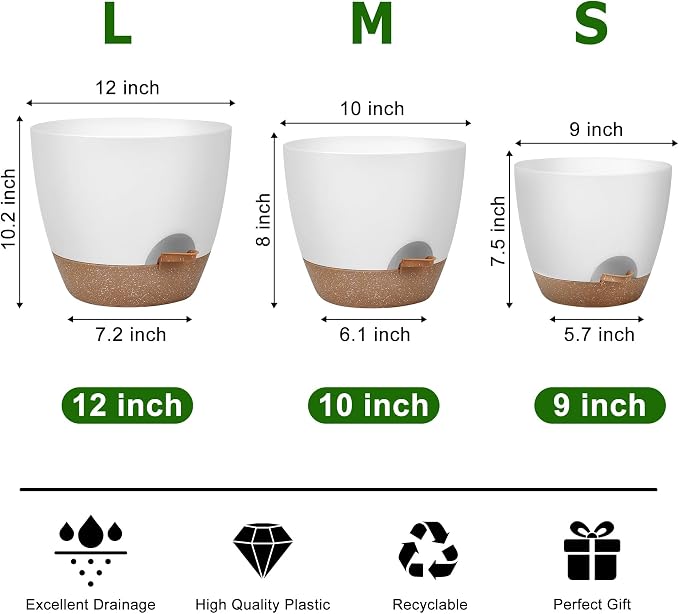 Plant Pots 12/10/9 Inch Self Watering Pots, Set of 3 Plastic Planters with Drainage Holes and Saucers,Plastic Flower Pots,Nursery Planting Pot for Indoor Out Door Plants(White)