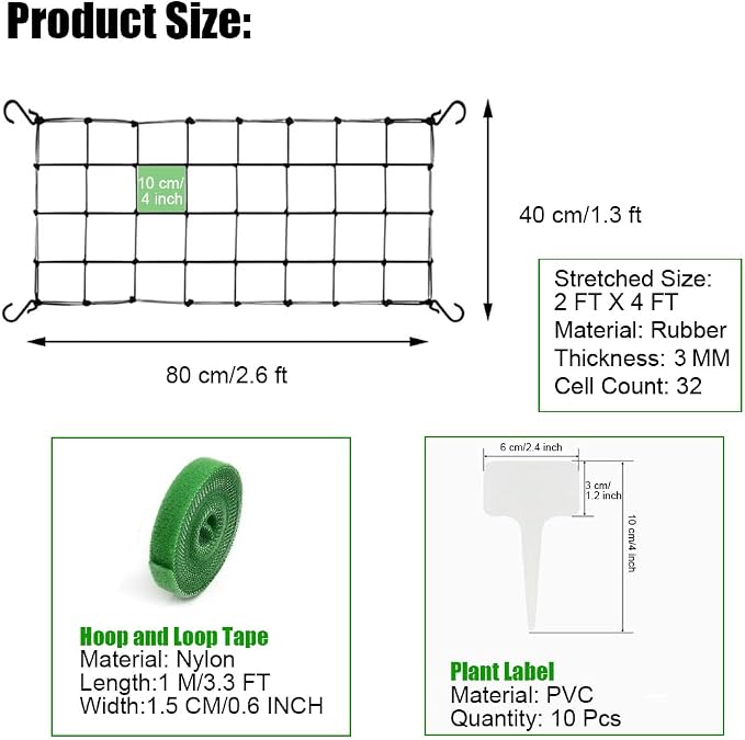 2 Pcs Scrog Net 2x4 FT Trellis Net for Grow Tent Elastic Trellis Netting with Hooks, Loop Tape, Garden Label for Indoor Plant Growing Tents Garden Plant Climbing Plants Support