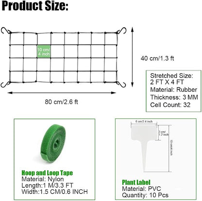 2 Pcs Scrog Net 2x4 FT Trellis Net for Grow Tent Elastic Trellis Netting with Hooks, Loop Tape, Garden Label for Indoor Plant Growing Tents Garden Plant Climbing Plants Support