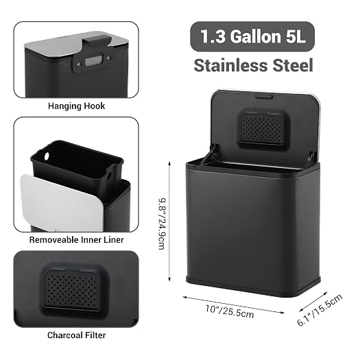 1.3 Gallon/5L Slim Stainless Steel Trash Can with Lid, Odor Control Charcoal Filter, Removable Bucket, Hanging/Wall Mounted/Standing Waste Bin for Kitchen, Bathroom, Bedroom, Office - Black