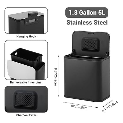 1.3 Gallon/5L Slim Stainless Steel Trash Can with Lid, Odor Control Charcoal Filter, Removable Bucket, Hanging/Wall Mounted/Standing Waste Bin for Kitchen, Bathroom, Bedroom, Office - Black