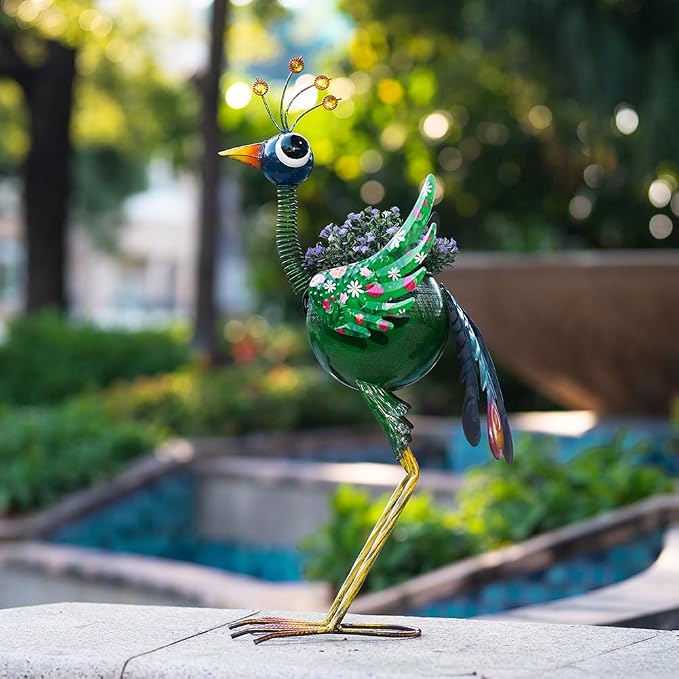 Planters for Outdoor Plants Green Peacock, Metal Planters Peacock Gifts for Women, 24.8Inch Unique Outdoor Planter Peacock Decor for Porch Garden Patio and Yard