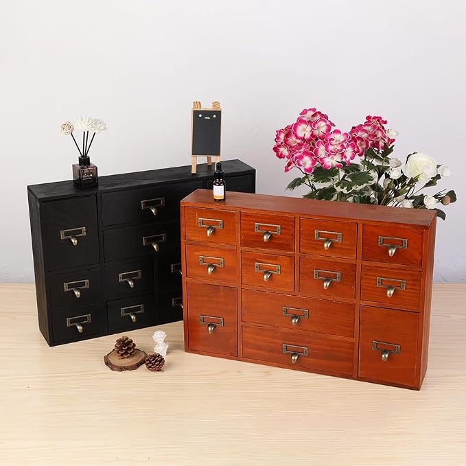 Apothecary Drawers Apothecary Cabinet with Drawers, Brown | 12 Drawer Library Card Catalog, Wooden Storage Box, Wooden Desktop Organizer with Metal Handles-Fulled Assembled