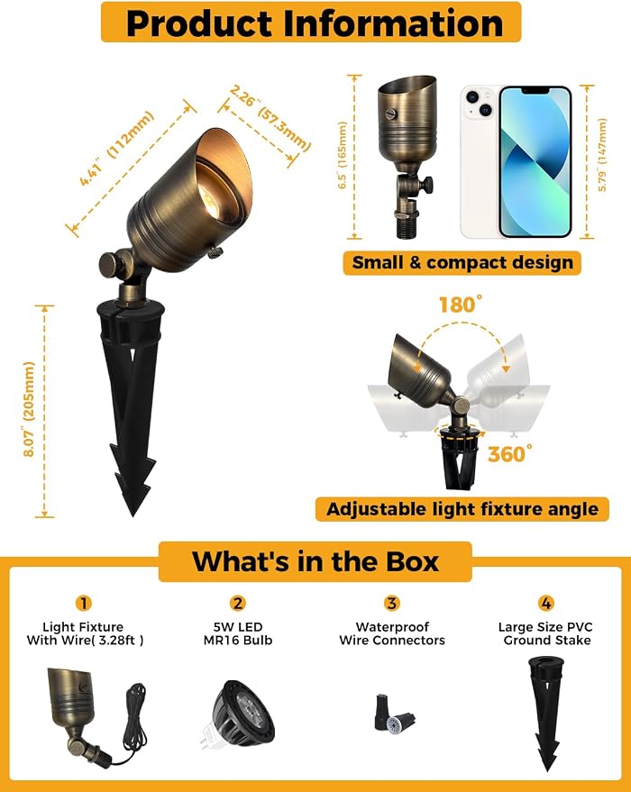 COLOER Brass Outdoor Spotlights,12V LED Low Voltage Landscape Lighting with 5W 2700K Aluminum MR16 Bulb, IP65 Waterproof Landscape Spot Lights for Yard,Garden,Tree, Small Size (12 Pack with Bulb)