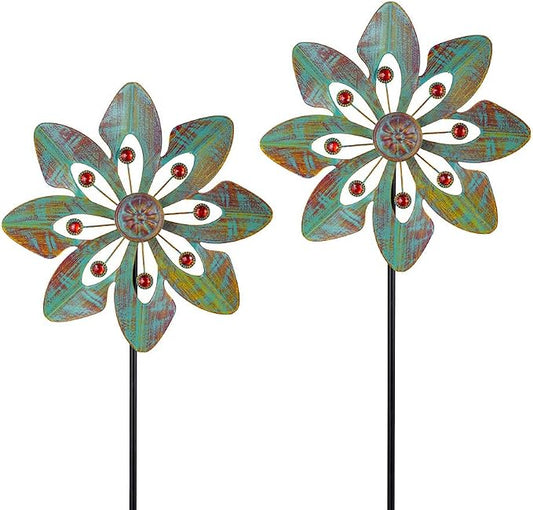 VEWOGARDEN 2 Pack Wind Spinners Outdoor, Metal Wind Spinner with Flower Design for Yard Garden Lawn Decorations, Copper Green