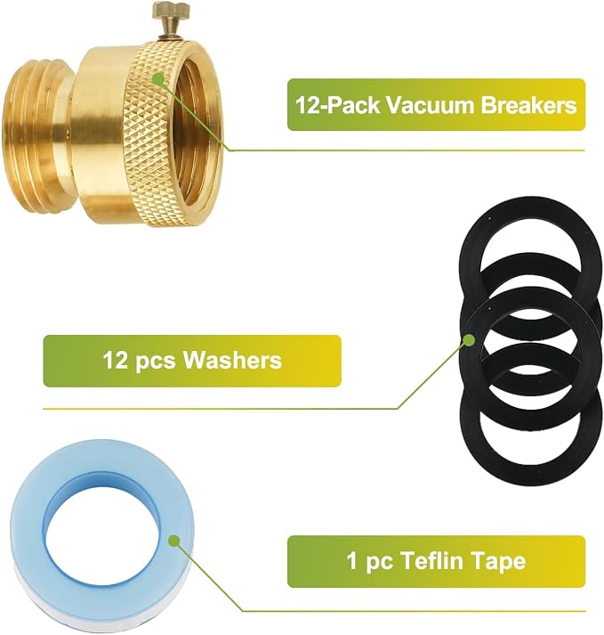 SUNGATOR 12-Pack Anti Siphon Valve, 3/4 Inch GHT Backflow Preventer Hose Bib, Vacuum Breakers Set for Outdoor Faucet, Garden Spigot, RV, Solid Brass Anti-Backflow Valve with Sealing Tape