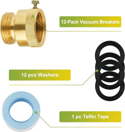 SUNGATOR 12-Pack Anti Siphon Valve, 3/4 Inch GHT Backflow Preventer Hose Bib, Vacuum Breakers Set for Outdoor Faucet, Garden Spigot, RV, Solid Brass Anti-Backflow Valve with Sealing Tape