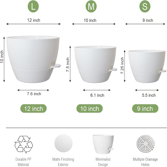 UOUZ Large Self Watering Pots, 12/10/9 Plastic Planters with High Drainage Holes and Deep Reservoir for Indoor Outdoor Garden Plants and Flowers, White