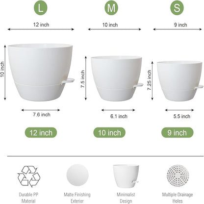 UOUZ Large Self Watering Pots, 12/10/9 Plastic Planters with High Drainage Holes and Deep Reservoir for Indoor Outdoor Garden Plants and Flowers, White