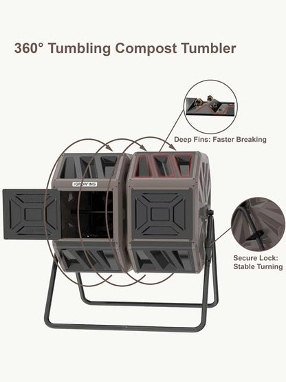 THE Growing 53 Gallon Large Outdoor Compost Bin Tumbler Barrel, Brown | Dual 26.5gal landscape-blending chambers for bulk waste. Reinforced frame adds stability. Easy bolt outdoor yard assembly.
