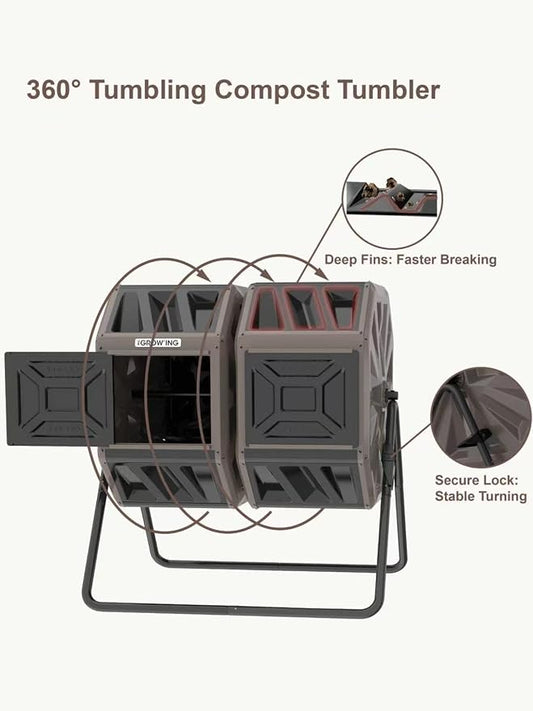 THE Growing 53 Gallon Large Outdoor Compost Bin Tumbler Barrel, Brown | Dual 26.5gal landscape-blending chambers for bulk waste. Reinforced frame adds stability. Easy bolt outdoor yard assembly.