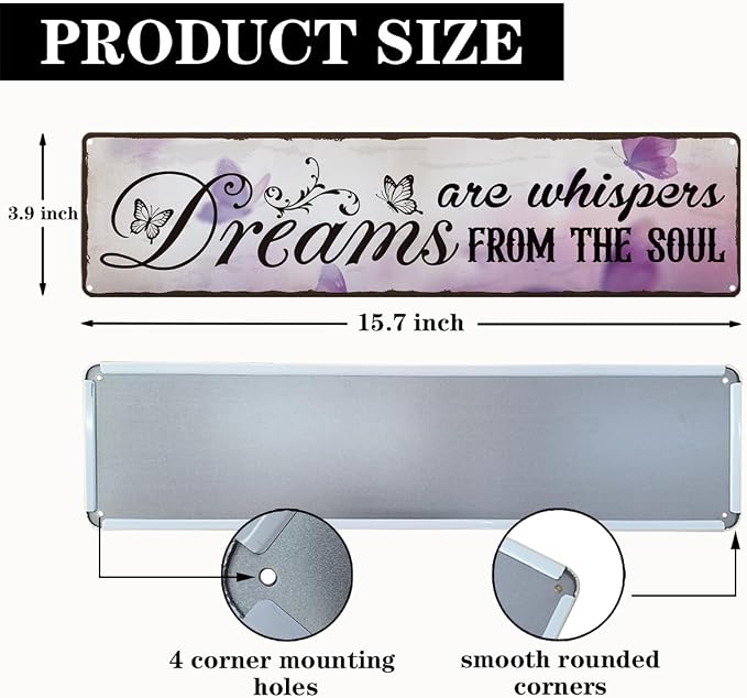 Garden Metal Tin Sign, Vintage Farmhouse Decor, Dreams Are Whispers From the Soul, Butterfly Wall Decor for Yard Fence Door Porch, Meaningful Indoor Outdoor Garden Decoration, 15.7 x 3.9 Inches