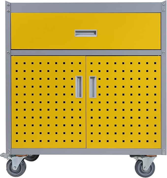 Metal Storage Cabinet with Wheels 30" x 18" x 34" Mobile Metal Garage Cabinet with 1 Drawer & 2 Doors Small Rolling Tool Storage Cabinet with 1 Adjustable Shelf & 4 Hanging Hooks, Yellow & Gray