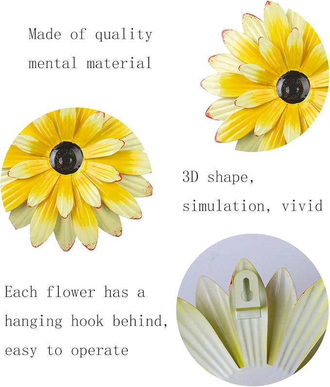 Outdoor Metal Wall Art Decor, 2 Pack 8 Inch Sunflower Wall Decorations, Hanging Outdoor Wall Decor, Handmade Metal Flowers for Outdoor Outside Indoor Decor,Yellow