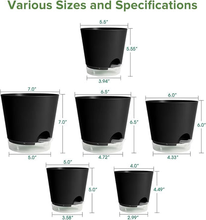 GARDIFE 2026 Upgraded Self Watering Plant Pots with Drainage Hole, 7/6.5/6/5.5/5/4 Inch Flower Planting Containers for House Plants, African Violet, Flowers, Cactus (Black, 7+6.5+6+5.5+5+4 inch)