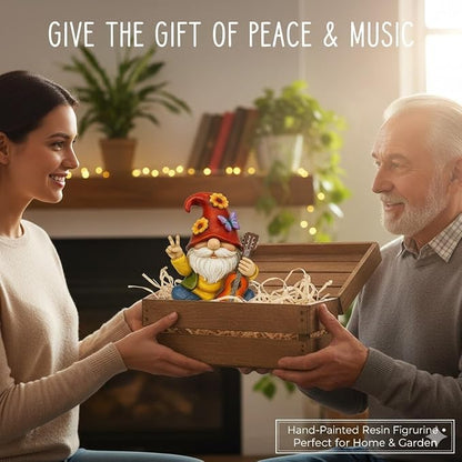 GoGnome Peace Sign Garden Gnome Figurine Outdoor Statue, Funny Guitar Playing Dwarf Rock Music Decor - 6‘’ Resin Lawn Ornament, Unique Housewarming Gift for Music Lovers & Gardeners (Red)