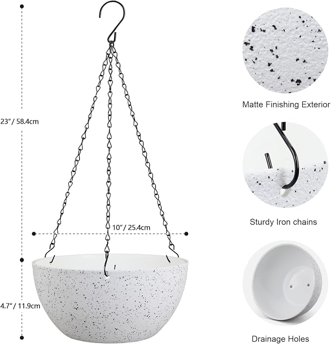 Meowell 10 inch Hanging Planters for Indoor Outdoor Plants, 2 Pack Hanging Flower Pots with Drainage Holes and Chain for Garden Porch, Plastic Hanging Baskets for House Plants, Speckled White