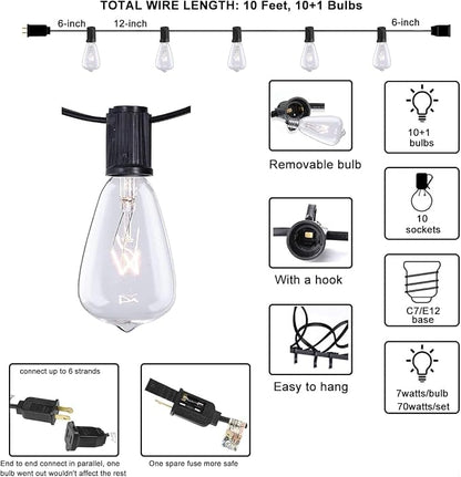 Abeja ST38 10Ft String Lights with 10 Clear Vintage Light Bulbs(1 Spare), E12 Scoket Base, UL Listed for Outdoor Indoor Party Porch Patio Decor, Black