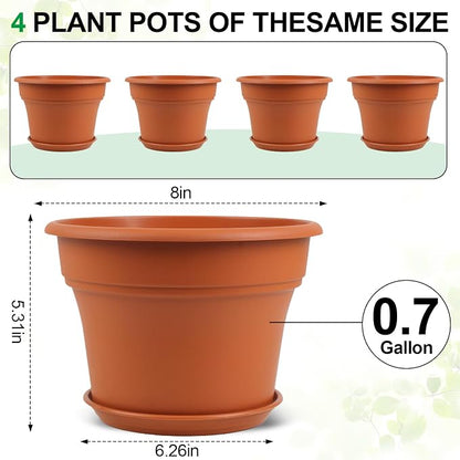 Pottiffe 8 Inch Plastic-Flower Pot-for-Indoor Plants, 4 Pack Large Outdoor Planter Pot with Drainage Holes & Saucers, Resin Decorative Garden Pots Planters
