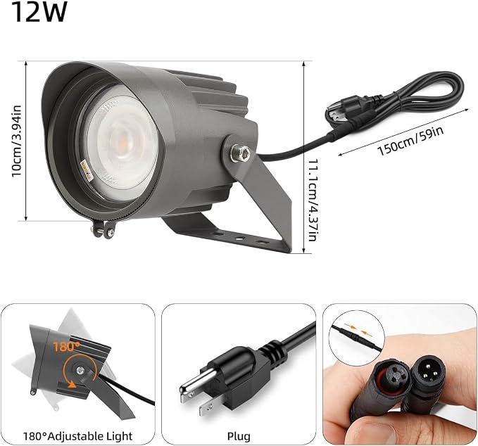 Led Landscape Outdoor Spot Light with Anti-glare Cap - Heavy Duty Waterproof IP67 120V Accent Light 270⁰ Adjustable Mount, 3000K Thickened Aluminum Spotlight for Bldg Yard Garden Tree (12 Watts)