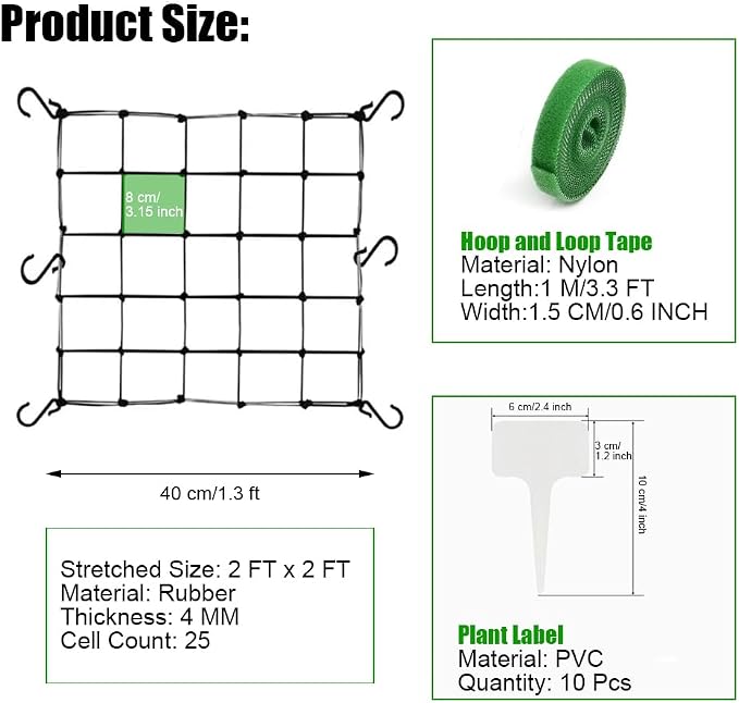 2 Pcs Scrog Net 2x2 FT Trellis Net for Grow Tent Elastic Trellis Netting with Hooks, Loop Tape, Garden Label for Indoor Plant Growing Tents Garden Plant Climbing Plants Support, Black
