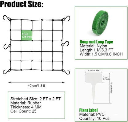 2 Pcs Scrog Net 2x2 FT Trellis Net for Grow Tent Elastic Trellis Netting with Hooks, Loop Tape, Garden Label for Indoor Plant Growing Tents Garden Plant Climbing Plants Support, Black