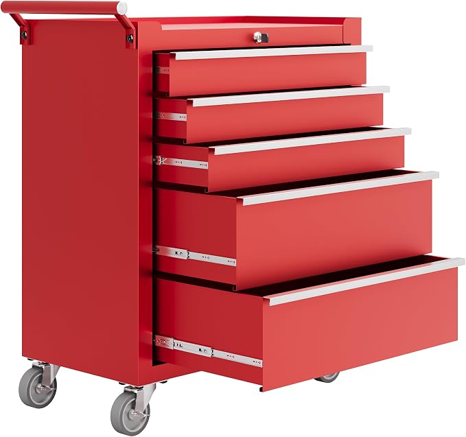 PeakPursuit 5-Drawers Rolling Tool Chest, Portable Tool Box with Wheels and Lock System, Secure Storage Cabinet for Warehouse, Workshop, and Repair Shop, Red
