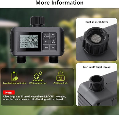 Uzoli 2-Zone Sprinkler Timer for Garden Hose, Programmable Water Timer with Automatic & Manual Mode, Rain Delay, IP55 Waterproof for Yard, Lawn, Pool