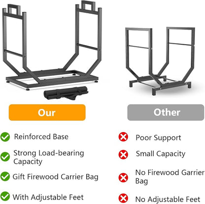 Firewood Rack, Indoor/Outdoor Firewood Holder with Firewood Carrier Bag, 25 Inch Thickened Metal Fireplace Log Holder with Adjustable Feet, Black