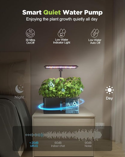 URUQ 8 Pods Hydroponics Growing System with LED Grow Light - Black | Quiet Water Pump, Automatic Timer, Adjustable Height for Fresh Herbs, Vegetables, Indoor Kitchen Gardening Gifts for Women