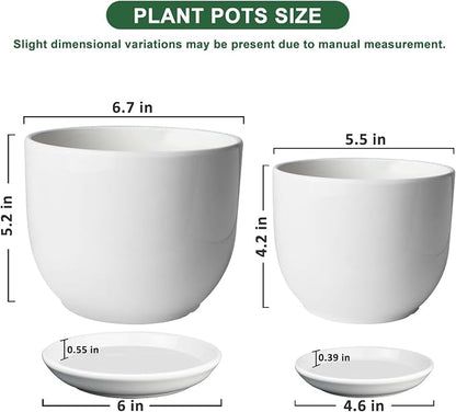 6.7 + 5.5 Inch Plant Pot, Ceramic Planter with Drainage and Saucer, Ceramic Pots for Plants, Indoor Plant pots,Succulent Pot Orchid Pots(Smooth White,Plant Pot Only)