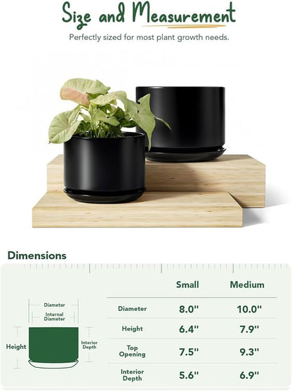 LE TAUCI Ceramic Plant Pots, Set of 2, 8+10 Inch Plant Pots Indoor with Drainage Hole & Saucer, Sturdy Planters for Indoor Plants, Modern Minimalist Decor for Snake Plant, Monstera, Black