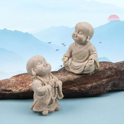 ZORZA 2Pcs Cute Mini Resin Monk Zen Buddha Statue Bring Peaceful Energy | Sandstone-Style Finish,Small Decorative Reminder to Smile Meditation,Symbol of Joy Good Luck,for Desk Garden Aquarium
