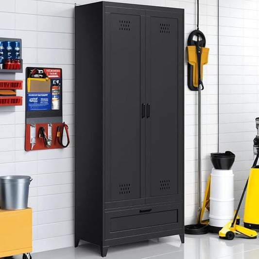 YITAHOME 71" Metal Garage Broom Cabinets with Adjustable Shelves, Vacuum Storage Cabinet with Doors and Drawer, Tool Storage Cabinet for Gym, Basement, Warehouse, Black, Metal | Built-in Pegboard, Adjustable Shelves, Heavy-Duty Metal, for Garage Gym Ba...