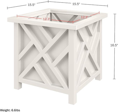 Lattice Design Outdoor Planter Box - 15.5” Square White Plant Pot - Decorative Plant Pots for Front Porch Decor - Flower Pots Outdoor Planters for Porch Patio or Garden Decor by Pure Garden