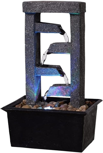 GOSSI 10" 4-Tier Tabletop Waterfall Fountain with Natural River Rocks, LED Lights, Resin Indoor Water Feature for Home Office Decor, Meditation Relaxation Gift