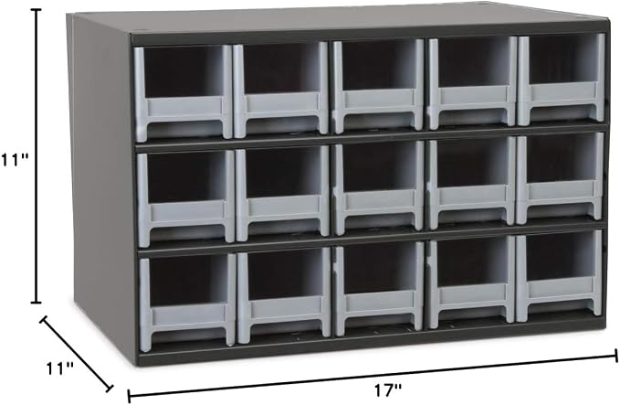 Akro-Mils Steel Garage Storage Cabinet, Small Parts Organizer Metal Cabinet for Hardware, Nails, Screws, Bolts, Nuts, and More, 17" W x 11" D x 11" H, 15-Drawer, Gray Cabinet/Gray Drawers (19715)