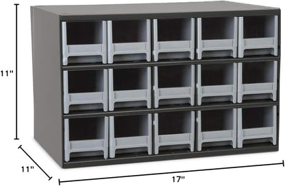 Akro-Mils Steel Garage Storage Cabinet, Small Parts Organizer Metal Cabinet for Hardware, Nails, Screws, Bolts, Nuts, and More, 17" W x 11" D x 11" H, 15-Drawer, Gray Cabinet/Gray Drawers (19715)